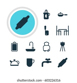 Vector Illustration Of 12 Kitchenware Icons. Editable Pack Of Teakettle, Tea Cup, Barbecue And Other Elements.