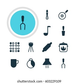 Vector Illustration Of 12 Kitchenware Icons. Editable Pack Of Bakery Roller, Tea Cup, Barbecue And Other Elements.