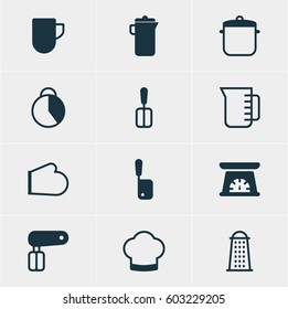 Vector Illustration Of 12 Kitchenware Icons. Editable Pack Of Whisk, Timekeeper, Cooking Spade And Other Elements.