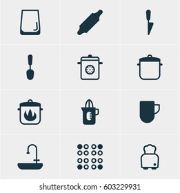 Vector Illustration Of 12 Kitchenware Icons. Editable Pack Of Washstand, Kitchen Dagger, Steamer Elements.