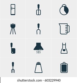 Vector Illustration Of 12 Kitchenware Icons. Editable Pack Of Pepper Container, Barbecue, Fork And Other Elements.