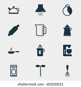 Vector Illustration Of 12 Kitchenware Icons. Editable Pack Of Extractor Appliance, Shaker, Carafe And Other Elements.