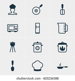 Vector Illustration Of 12 Kitchenware Icons. Editable Pack Of Refrigerator, Frying Pan, Cooking Spade And Other Elements.