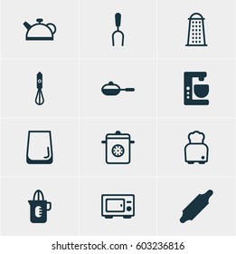 Vector Illustration Of 12 Kitchenware Icons. Editable Pack Of Bread, Steamer, Shaker And Other Elements.