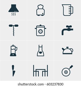 Vector Illustration Of 12 Kitchenware Icons. Editable Pack Of Dinner Table, Kitchen Dagger, Teakettle And Other Elements.