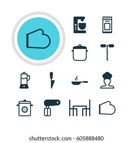 Vector Illustration Of 12 Kitchenware Icons. Editable Pack Of Oven, Whisk, Soup Pan And Other Elements.