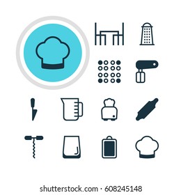 Vector Illustration Of 12 Kitchenware Icons. Editable Pack Of Cooker, Wine Opener, Bakery Roller And Other Elements.