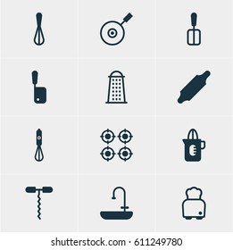 Vector Illustration Of 12 Kitchenware Icons. Editable Pack Of Corolla, Butcher Knife, Wine Opener And Other Elements.