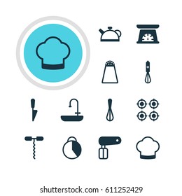 Vector Illustration Of 12 Kitchenware Icons. Editable Pack Of Pepper Container, Chef Hat, Teakettle And Other Elements.