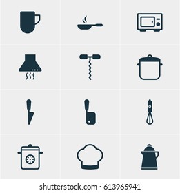 Vector Illustration Of 12 Kitchenware Icons. Editable Pack Of Tea, Handmixer, Butcher Knife Elements.