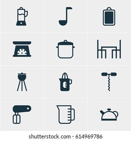 Vector Illustration Of 12 Kitchenware Icons. Editable Pack Of Measuring Tool, Soup Spoon, Dinner Table And Other Elements.