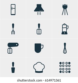Vector Illustration Of 12 Kitchenware Icons. Editable Pack Of Refrigerator, Extractor Appliance, Corolla And Other Elements.
