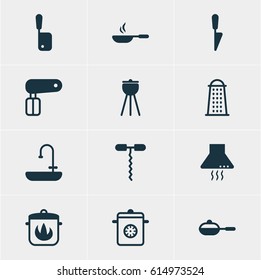 Vector Illustration Of 12 Kitchenware Icons. Editable Pack Of Frying Pan, Barbecue, Extractor Appliance And Other Elements.