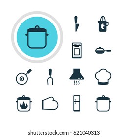 Vector Illustration Of 12 Kitchenware Icons. Editable Pack Of Skillet, Soup Pan, Refrigerator And Other Elements.