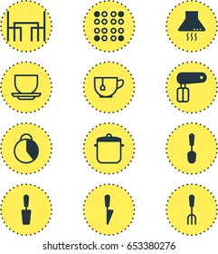 Vector Illustration Of 12 Kitchenware Icons. Editable Pack Of Mug, Coffee Cup, Dinner Table And Other Elements.