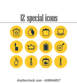 Vector Illustration Of 12 Kitchenware Icons. Editable Pack Of Steamer, Carafe, Skillet And Other Elements.
