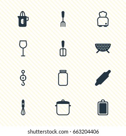 Vector Illustration Of 12 Kitchenware Icons. Editable Pack Of Bakery Roller, Steelyard, Cooking Spade And Other Elements.