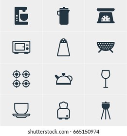 Vector Illustration Of 12 Kitchenware Icons. Editable Pack Of Teakettle, Mixer, Barbecue And Other Elements.