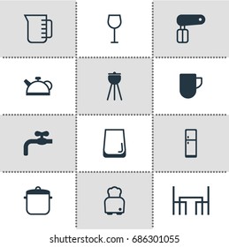 Vector Illustration Of 12 Kitchenware Icons. Editable Pack Of Dinner Table, Whisk, Bread And Other Elements.