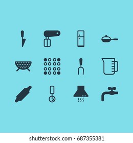 Vector Illustration Of 12 Kitchenware Icons. Editable Pack Of Kitchen Dagger, Refrigerator, Cooker And Other Elements.