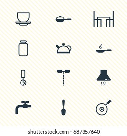 Vector Illustration Of 12 Kitchenware Icons. Editable Pack Of Dinner Table, Pan, Wine Opener And Other Elements.