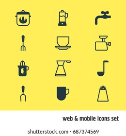 Vector Illustration Of 12 Kitchenware Icons. Editable Pack Of Pepper Container, Faucet, Soup Spoon And Other Elements.