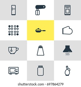Vector Illustration Of 12 Kitchenware Icons. Editable Pack Of Pan, Pepper Container, Oven Mitts And Other Elements.