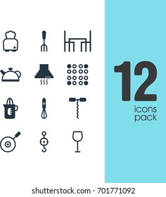 Vector Illustration Of 12 Kitchenware Icons. Editable Pack Of Steelyard, Bread, Shaker And Other Elements.