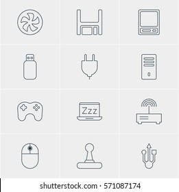 Vector Illustration Of 12 Laptop Icons. Editable Pack Of Diskette, Usb Icon, Flash Drive And Other Elements.