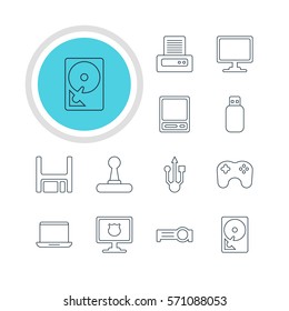 Vector Illustration Of 12 Laptop Icons. Editable Pack Of Diskette, Game Controller, Hard Drive Disk And Other Elements.