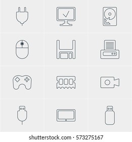 Vector Illustration Of 12 Laptop Icons. Editable Pack Of Flash Drive, Diskette, Online Computer And Other Elements.