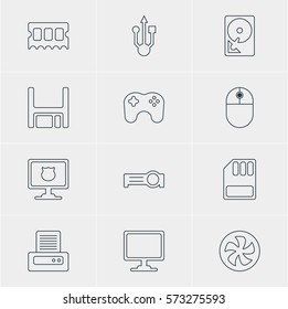 Vector Illustration Of 12 Laptop Icons. Editable Pack Of Gamepad, Screen, Memory Chip And Other Elements.