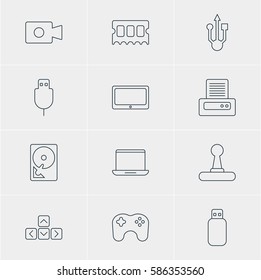 Vector Illustration Of 12 Laptop Icons. Editable Pack Of Flash Drive, Memory Chip, Movie Cam And Other Elements.