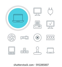 Vector Illustration Of 12 Laptop Icons. Editable Pack Of Printer, Online Computer, Memory Chip And Other Elements.