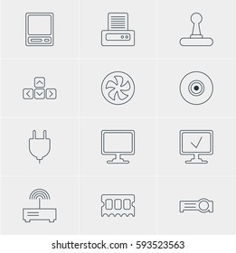 Vector Illustration Of 12 Laptop Icons. Editable Pack Of Game Controller, Keypad, Printer And Other Elements.