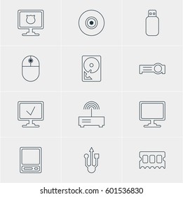 Vector Illustration Of 12 Laptop Icons. Editable Pack Of Screen, Router, Pda And Other Elements.