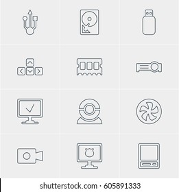 Vector Illustration Of 12 Laptop Icons. Editable Pack Of Antivirus, Hard Drive Disk, Flash Drive And Other Elements.
