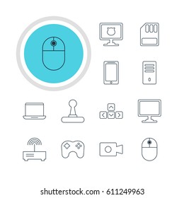 Vector Illustration Of 12 Laptop Icons. Editable Pack Of Movie Cam, Game Controller, Router And Other Elements.