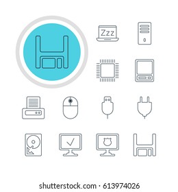 Vector Illustration Of 12 Laptop Icons. Editable Pack Of Microprocessor, Hard Drive Disk, Pda And Other Elements.