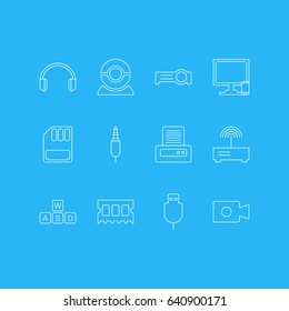 Vector Illustration Of 12 Laptop Icons. Editable Pack Of Web Camera, Phone Near Computer, Printer And Other Elements.