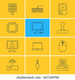 Vector Illustration Of 12 Laptop Icons. Editable Pack Of Qwerty Board, Number Keypad, Cursor Manipulator And Other Elements.