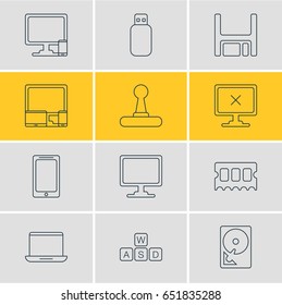 Vector Illustration Of 12 Laptop Icons. Editable Pack Of Phone Near Computer, Keyboard, Hard Drive Disk And Other Elements.
