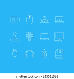 Vector Illustration Of 12 Laptop Icons. Editable Pack Of Usb Icon, Movie Cam, Game Controller And Other Elements.