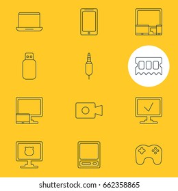 Vector Illustration Of 12 Laptop Icons. Editable Pack Of Notebook, Flash Drive, Tablet With PC And Other Elements.