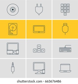 Vector Illustration Of 12 Laptop Icons. Editable Pack Of Hard Drive Disk, Tablet, Qwerty Board And Other Elements.
