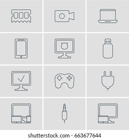Vector Illustration Of 12 Laptop Icons. Editable Pack Of Input Jack, Gadgets, Movie Cam And Other Elements.