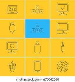 Vector Illustration Of 12 Laptop Icons. Editable Pack Of Antivirus, Tablet With PC, Flash Drive And Other Elements.