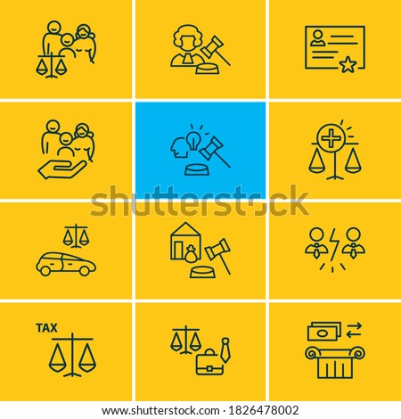 Vector illustration of 12 law icons line style. Editable set of criminal report, inheritance law, judge and other icon elements.