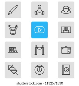 Vector illustration of 12 leisure icons line style. Editable set of firework, barrier, library and other icon elements.