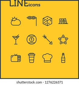Vector illustration of 12 leisure icons line style. Editable set of arrow, coffee to go, star and other icon elements.